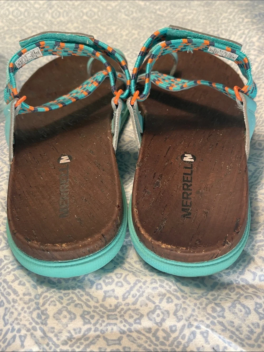 Merrell Around Town Sun Vue Turquoise/Orange Braided Toe-Loop Sandals Thong Sz 9